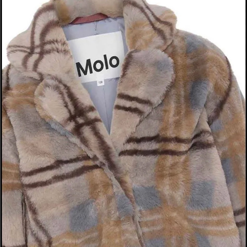 Molo Kids Checkered Teddy Jacket - Tan and Gray - Picture 2 of 8